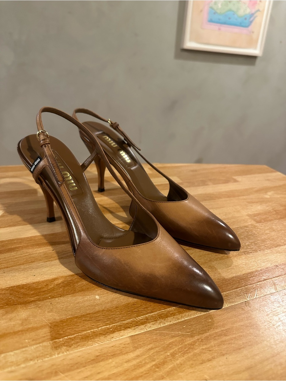 Miu Miu Tan Brown Leather Slingback Pointed-Toe Heels - Picture 13 of 13